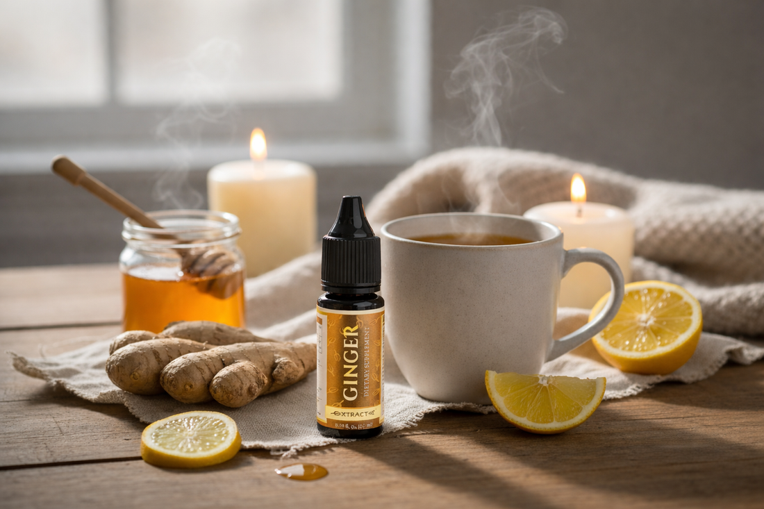 Ginger drops in dropper bottle with fresh ginger root for cold and flu relief