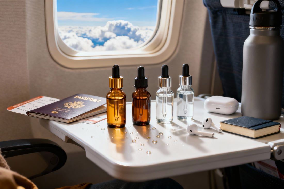 Alcohol-free herbal drops for travel energy on airplane tray table with travel essentials