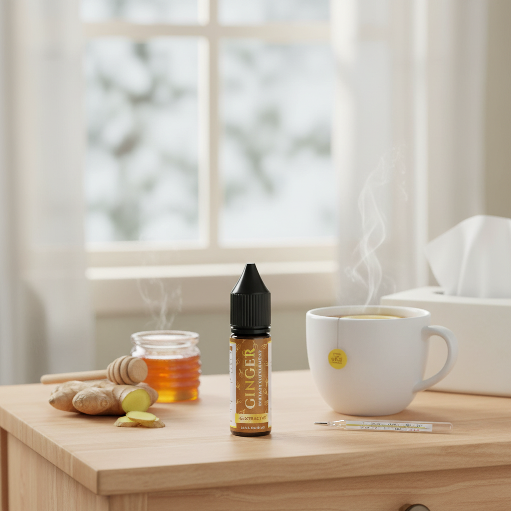 Ginger drops for cold and flu with immune-boosting tea and natural remedies on bedside table