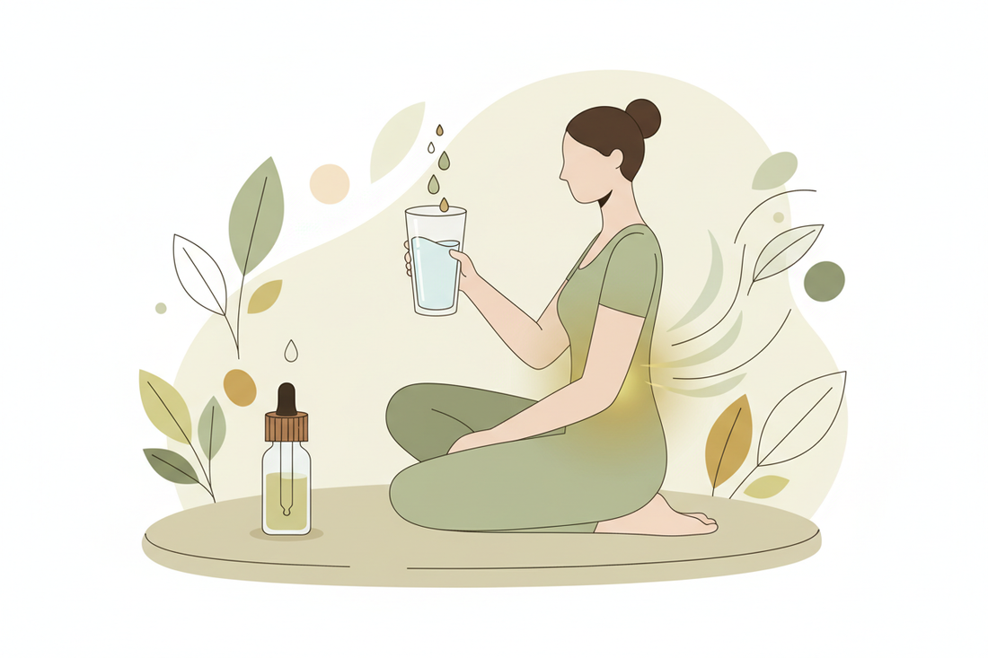 Modern minimal wellness illustration of a person with a softly glowing stomach area, holding a glass of water with herbal drops, surrounded by subtle herbal elements and a small dropper bottle, in light green and earthy tones, no text.