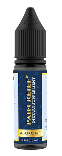 A bottle of 'Pain Relief' dietary supplement with a label showcasing the product name and the brand, Extracts'. The supplement is presented in a small, clear bottle with a black cap.