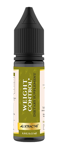 A bottle of Extracta Weight Control supplement with a green label, showcasing the product name and extracts inside.