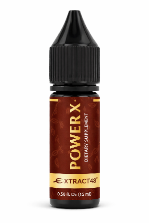 Bottle of Power X dietary supplement with brown label on white background